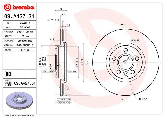 Диск тормозной VOLVO S60 (10-),S80 (06-),XC70 (07-) передний (1шт.) BREMBO 09.A427.31 BREMBO
