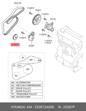 Ролик приводного ремня HYUNDAI Accent (06-),Elantra (06-) KIA Ceed,Rio (06-) обв 252872A000 HYUNDAI KIA