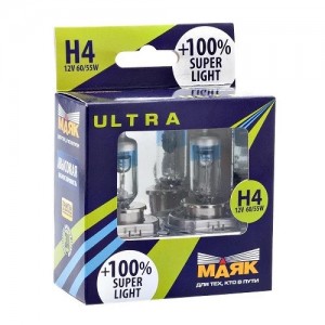 Лампа галогенная H4 12V 60/55W "Маяк" Super Light УЛЬТРА NEW (+100%) (2 шт.) 82420 SL+100 MAYAK