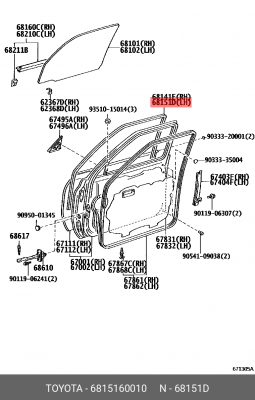 уплотнитель стекла двери! левой, передней\ Toyota Land Cruiser 90-03 68151-60010 TOYOTA