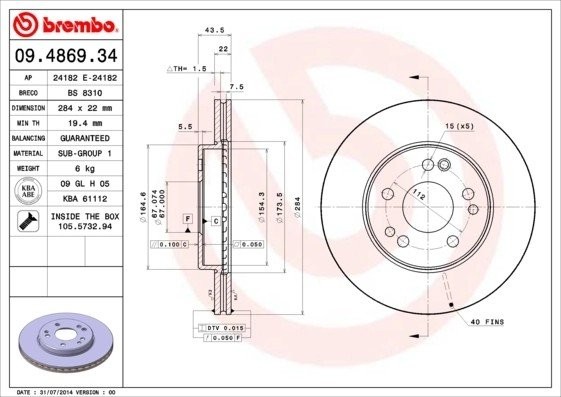 09.4869.34 диск тормозной передний!\MB S124/W124/W201 2.3-3.0TD <98 09486934 BREMBO