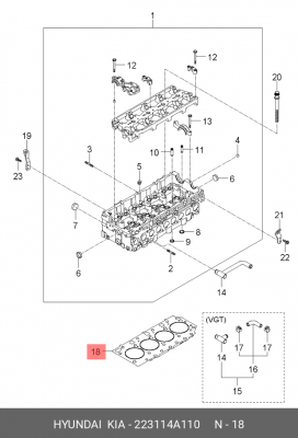 Прокладка головки блока HYUNDAI Starex H-1 (04-) (2.5-A) t=0.95мм OE 223114A110 HYUNDAI KIA