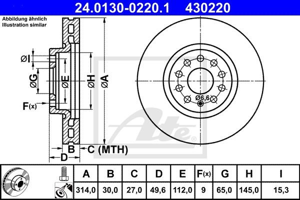 24.0130-0220.1 диск тормозной !передний вентилир.\ VW Sharan 1.4TSi/2.0TDi 10> 24.0130-0220.1 ATE