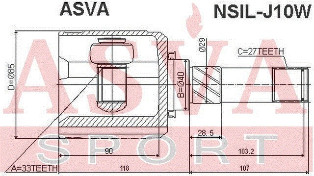 ШРУС ВНУТРЕННИЙ ЛЕВЫЙ 12 NSILJ10W NSIL-J10W ASVA