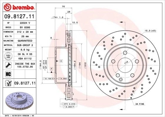 Диск тормозной MERCEDES W220 280-350/C215 500 BREMBO 09.8127.11 BREMBO