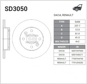 Диск тормозной RENAULT Logan (1.4/1.6) передний (1шт.) SANGSIN SD3050 SANGSIN