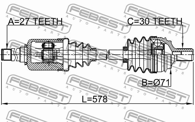 Привод передн правый 27X578X30 MERCEDES BENZ W212 4 MATIC 2008-2013 1614-221FRH 1614-221FRH FEBEST