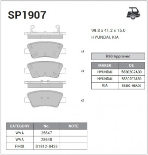 Колодки тормозные HYUNDAI Elantra (15-) задние (4шт.) SANGSIN SP1907 SANGSIN