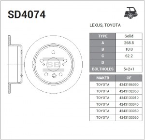 Диск тормозной задний TOYOTA CAMRY V10/V20 91-01, WINDOM 96-01, LEXUS ES300 91-9 SD4074 SANGSIN
