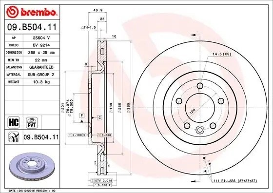 Диск тормозной LAND ROVER RANGE ROVER IV (L405) 08/12  задн. 09.B504.11 09.B504.11 BREMBO