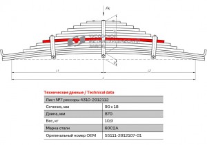Лист рессоры КАМАЗ-55111,54215,53215,43118,6540 задней №7 L=870мм ЧМЗ 55111291210701 OMK AUTO