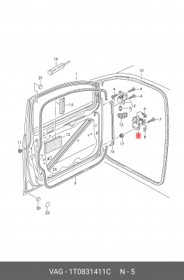 петля двери пер.лев.низ!\ VW Caddy III/IV 04>, Touran 03-16 1T0 831 411 C VAG