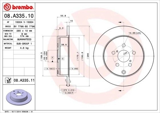 08.A335.10 диск тормозной задний!\ Toyota Avensis 1.6-2.4/2.0D 03> 08A33510 BREMBO