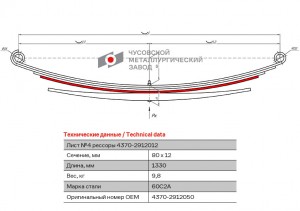 лист рессоры! задней №4 без хомутов, ан. 4370-2912104, L=1330 мм\ МАЗ-4370/256 4370-2912050 OMK AUTO