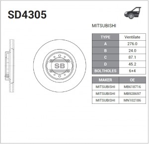 Диск тормозной MITSUBISHI Pajero (02-) передний (1шт.) SANGSIN SD4305 SANGSIN