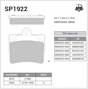 Колодки тормозные MERCEDES C (W202) (93-01) задние (4шт.) SANGSIN SP1922 SANGSIN