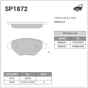 Колодки тормозные RENAULT Megane 2 (03-) передние (4шт.) SANGSIN SP1872 SANGSIN
