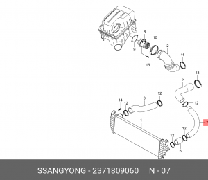 Патрубок SSANGYONG Kyron (05-) (D20) интеркулера выпускной длинный OE 2371809060 SSANG YONG