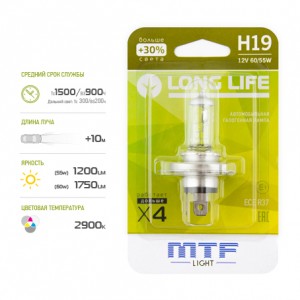 Лампа 12V H19 60/55W PU43t-3 +30% блистер (1шт.) Long Life MTF HLL1219B MTF
