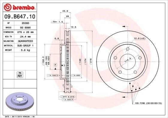 Диск тормозной MITSUBISHI Lancer (08-) передний (1шт.) BREMBO 09.B647.11 BREMBO