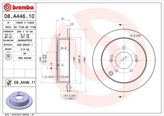 Диск тормозной HYUNDAI Tucson (04-),Santa Fe (00-) KIA Sportage (04-) задний (1ш 08.A446.11 BREMBO