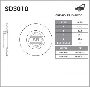 Диск тормозной CHEVROLET SPARK 05-/DAEWOO MATIZ 98- передний SD3010 SD3010 SANGSIN