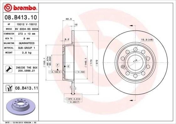 Диск тормозной 08.B413.11 08.B413.11 BREMBO