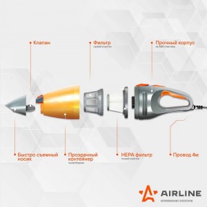 Пылесос автомобильный 12V 150W в прикуриватель (4 насадки) AIRLINE VCA-03 AIRLINE
