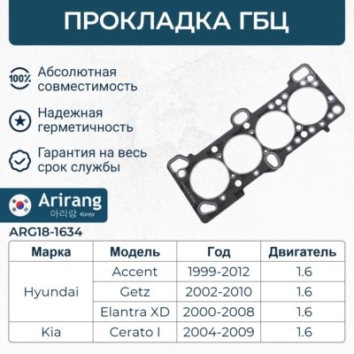 ПРОКЛАДКА ГБЦ HYUNDAI ACCENT, LAVITA, MATRIX 1,5-1,6 DOHC ARG18-1634 ARG18-1634 ARIRANG