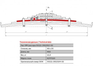 Лист рессоры КАМАЗ-43118,65115,53229 задней №4 L=950мм ЧМЗ 55111291210402 OMK AUTO