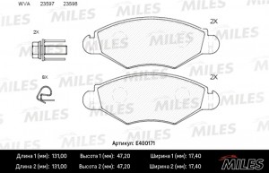 Колодки тормозные передние (без датчика) (без ABS) (Смесь Low-Metallic) PEUGEOT  E400171 MILES
