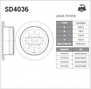 Диск тормозной задний LEXUS LX470, TOYOTA LAND CRUISER 100 SD4036 SD4036 SANGSIN
