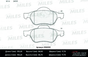 Колодки тормозные передние (Смесь CERAMIC серия PRO) RENAULT MEGANE II/LAGUNA II E500101 MILES
