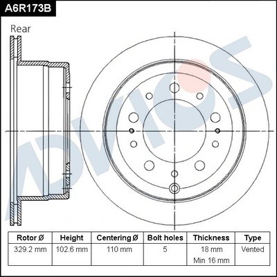 Диск тормозной зад. ADVICS A6R173B A6R173B ADVICS