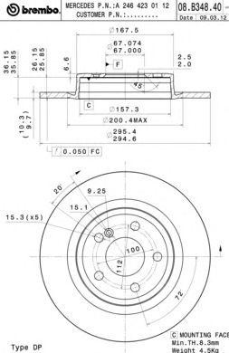 Диск тормозной MERCEDES A (W176),B (W246),CLA (W117) задний (1шт.) BREMBO 08.B348.41 BREMBO