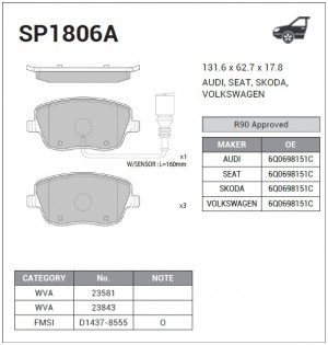 Колодки тормозные SKODA FABIA/VOLKSWAGEN POLO 1.2-1.9D 01- пер.(с датчиком) SP18 SP1806A SANGSIN