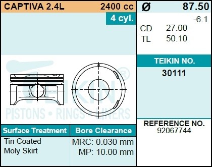 к-кт поршней! STD (4 шт.)\ Chevrolet Captiva 2.4i 16V Z24XE 06> 30111STD TEIKIN
