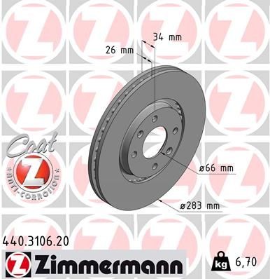 диск тормозной !перед. 283x26/34-4x108 \ Citroen C5, Peugeot 307 1.4-2.0HDi 00> 440310620 ZIMMERMANN