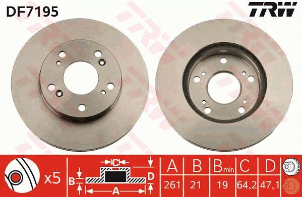 Диск тормозной передний HONDA CIVIC VII 1.4-1.6, CIVIC VIII 1.3, STREAM (RN) DF7 DF7195 TRW