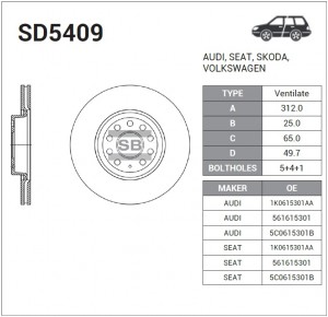 Диск тормозной VW PASSAT (36, 3C, 3G), GOLF V-VII SD5409 SD5409 SANGSIN