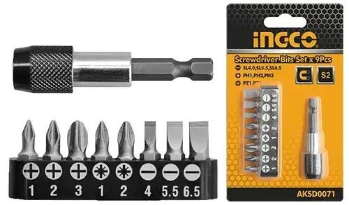 Набор бит 1/4" SL 4-6.5,PH 1-3,PZ 1-2 с магнитным держателем 9 предметов INGCO AKSD0071 INGCO