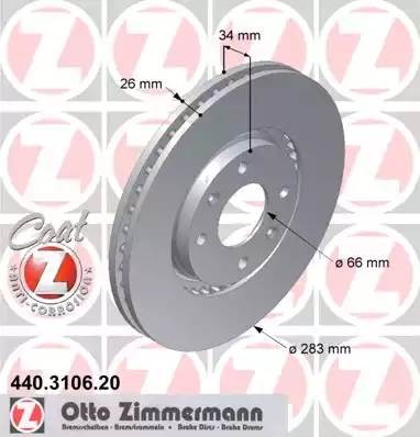 диск тормозной !перед. 283x26/34-4x108 \ Citroen C5, Peugeot 307 1.4-2.0HDi 00> 440310620 ZIMMERMANN
