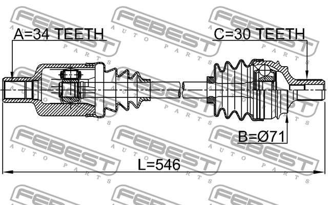 Привод передн левый 34X546X30 MERCEDES BENZ W212 4 MATIC 2008-2013 1614-221FLH 1614-221FLH FEBEST
