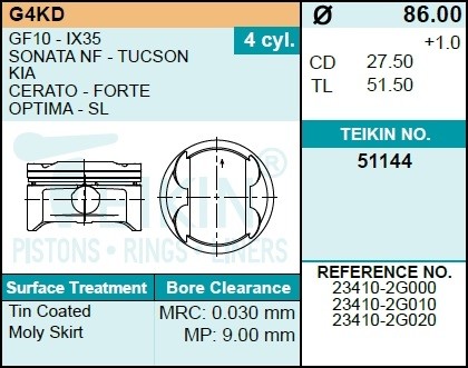 к-кт поршней! STD (4 шт.)\ Hyundai ix35/Sonata 09> 51144STD TEIKIN