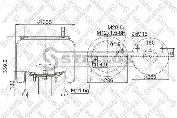 пневмоподушка со стак.!1 шп. M14 1 шп-штуцер М20 снизу 2 отв М16 \Kaiser 90-91305-SX STELLOX