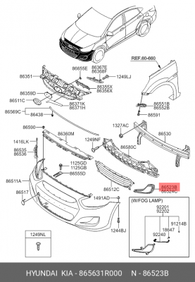 Решетка фары противотуманной HYUNDAI Solaris левая OE 865631R000 HYUNDAI KIA