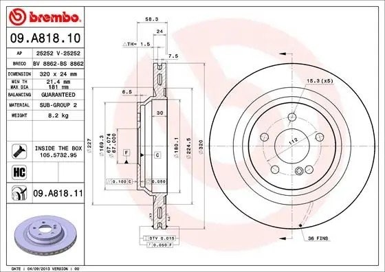 09.A818.11 диск тормозной задний!\ MB W221/R230 5.5 M273 05> 09.A818.11 BREMBO