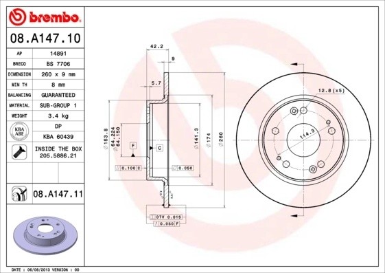 Диск тормозной 08.A147.10 08A14710 BREMBO