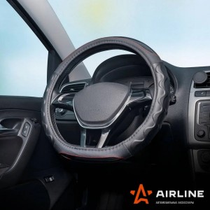 Оплетка на руль (M) AIRLINE экокожа, D-образная форма, рельеф, текстура карбон ч ADWO005 AIRLINE
