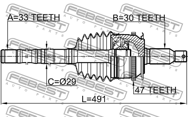 ШРУС с валом 33x490x30 0414-KB4A47R 0414-KB4A47R FEBEST